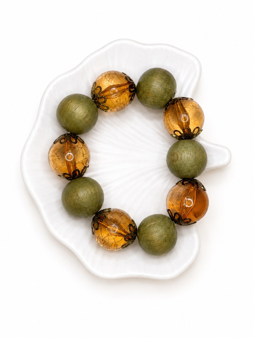 Chunky Olive Green & Amber Beaded Stretch Bracelet | Boho Statement Bracelet